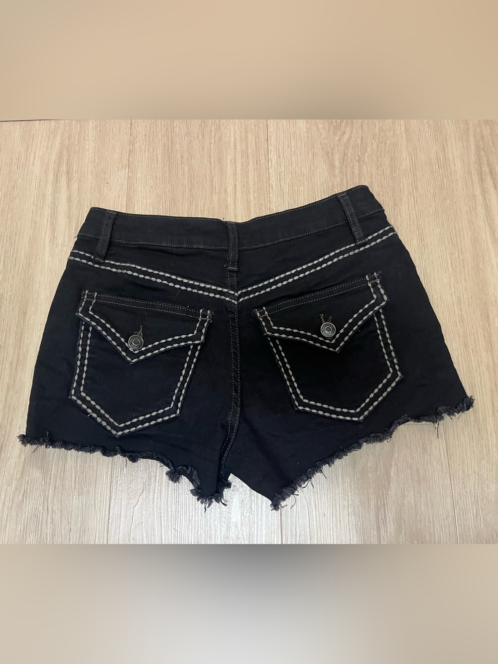 YMI Black Denim Frayed Cutoff Shorts with Contrast Stitching and Flap Pockets